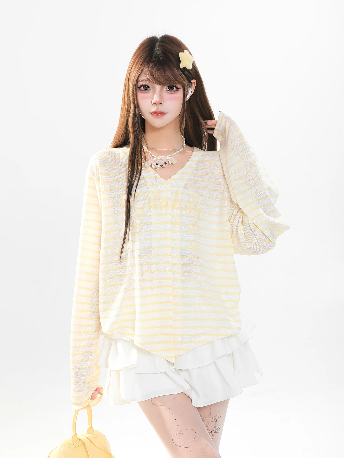 Korean Casual Style Long Sleeve T-Shirt Women's Loose Slimming Unique Beautiful V-neck Striped Letter Print Top