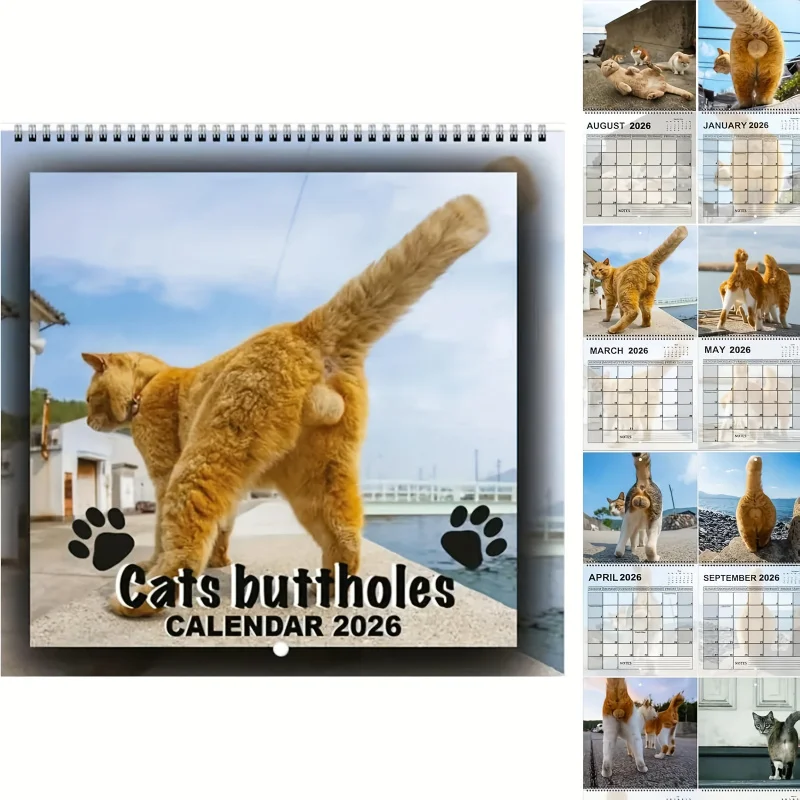 2026Cat Ball Calendar、2026Funny Cat Butt Calendar、A prank gift for cat lovers、Quirky and Humorous White Elephant Gift
