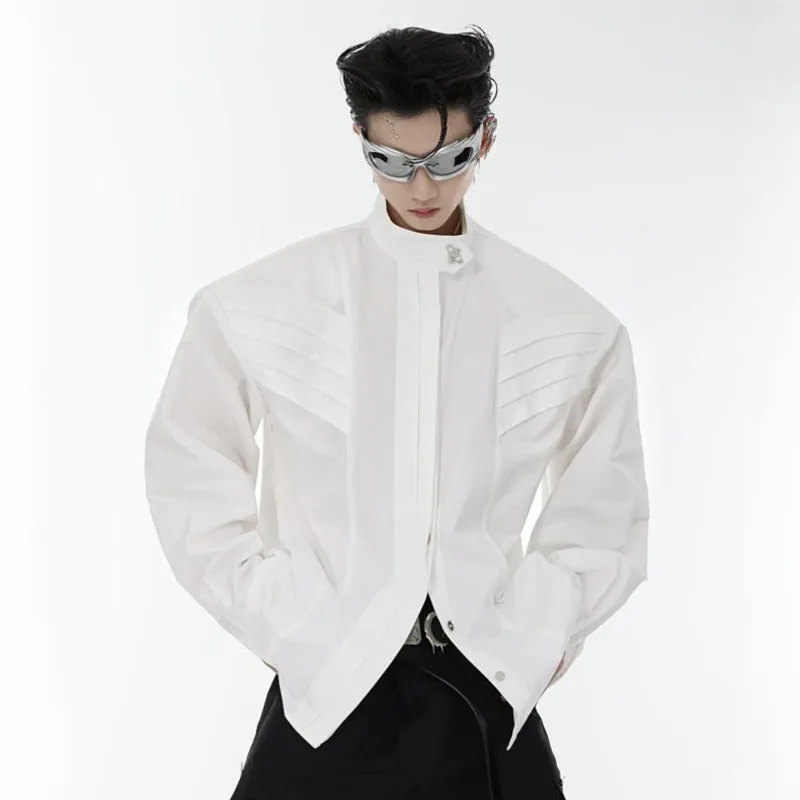 WVGA Spring Autumn New Men Tide Split Stand Collar Padded Shoulder Long Sleeve Shirts Niche Chic Casual Metal Trendy Tops W17670