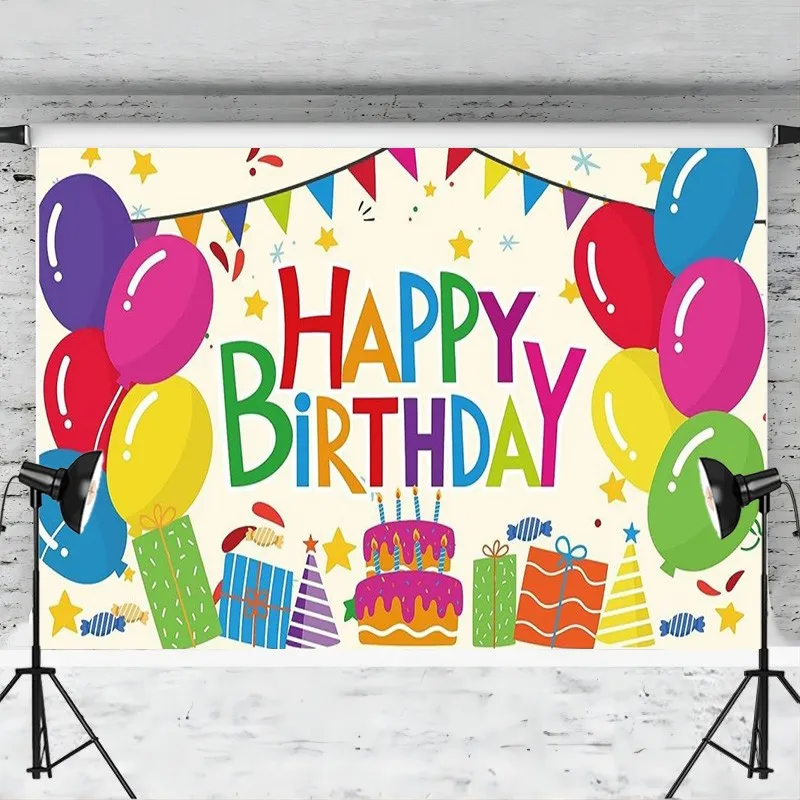 Happy Birthday Backdrop Banner White Colorful  Sign Gift Boxes Stars Photography Background for Men Women Party Decorations