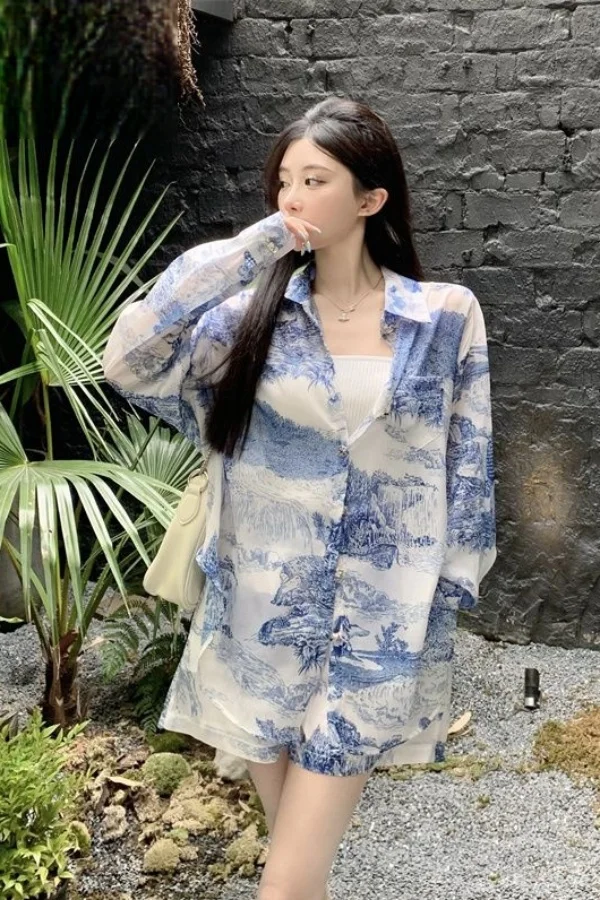 

2025 Summer Women's Designed New Chinese Style Print Shirt & Shorts Set Thin Premium Two Piece Suit Youthful Chic Casual Outfit