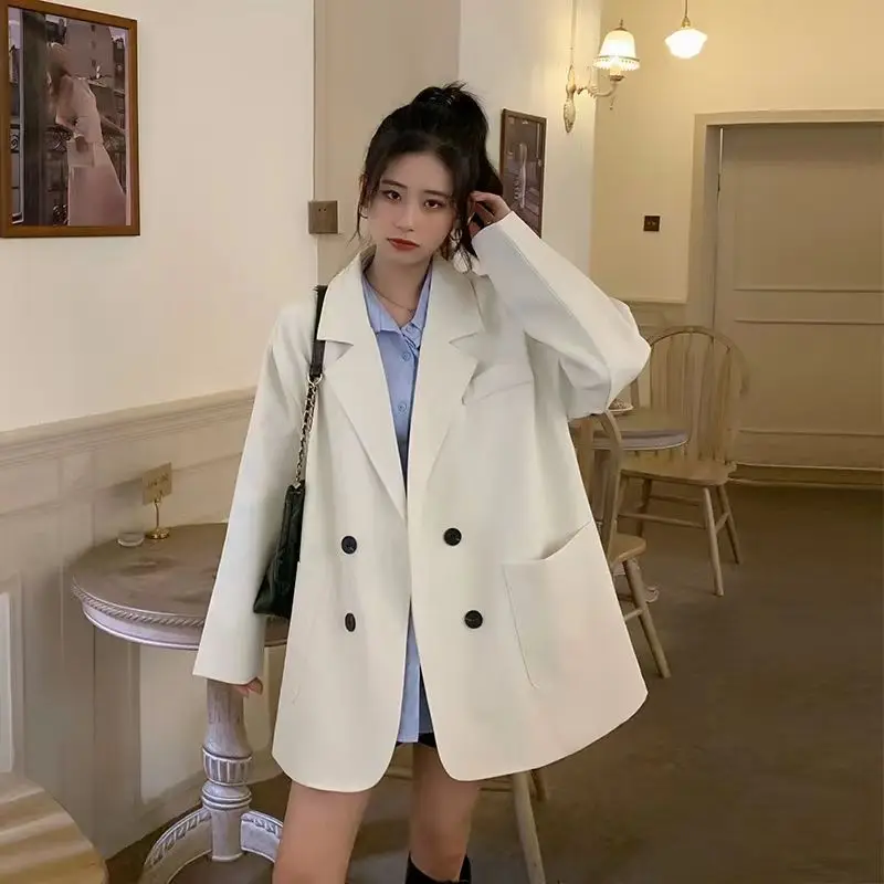 2022 Solid Color Korean Casual Blazers Fashion Women\'s Clothing Straight Pockets Button Notched Spring Autumn Coat Young Style