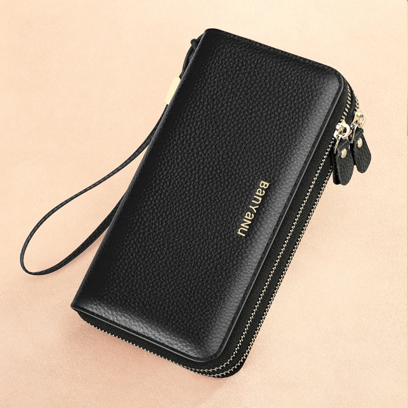 High Capacity Wallets Genuine Leather Women Wallet Long Design Women's Purse Phone Bag Card Holder Women Coin Purse Strap Clutch