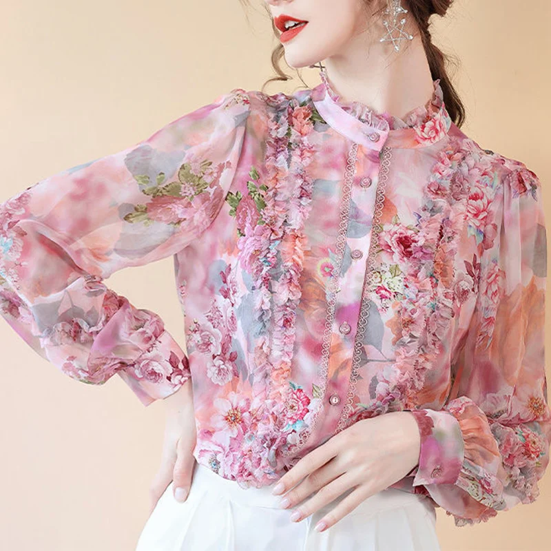 

Autumn Temperament Floral Chiffon Half Height Collar Long Sleeve Blouse Ladies Vintage Buttons Loose Shirts Women's Elegant Tops