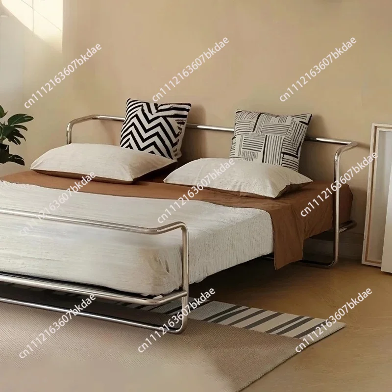 Bauhaus Stainless Steel Metal Bed Frame, Industrial Light Luxury Bed, No Headboard Double Bed for Master Bedroom