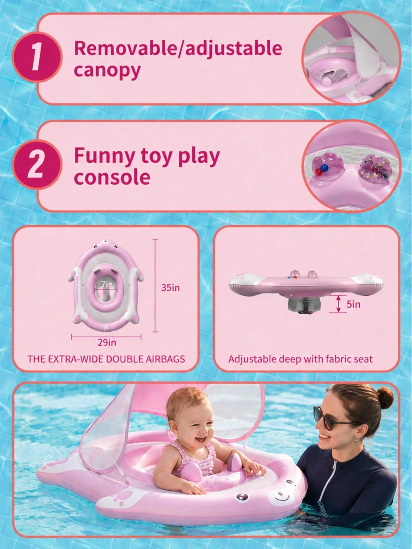 Baby Pool Float With Removable Canopy, Inflatable Infant Swim Ring Toy With UPF50+ Sun Protection, Cute Bear Toddler Water Float