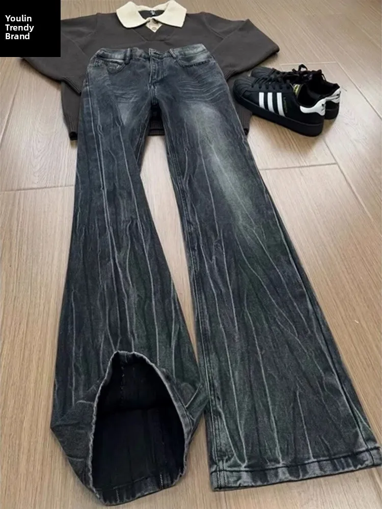

Black Lightning Pattern Flared Jeans Men's Winter Fleece Lined High Street Slim Straight Long Pants American Vibe Casual Jeans