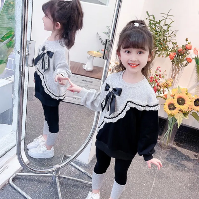 Girls Sweatshirts +Pants Kids Sets Cotton Outfits 2PCS/Set 2023 Bow Spring Autumn Jogging Suit High Quality Children Clothing