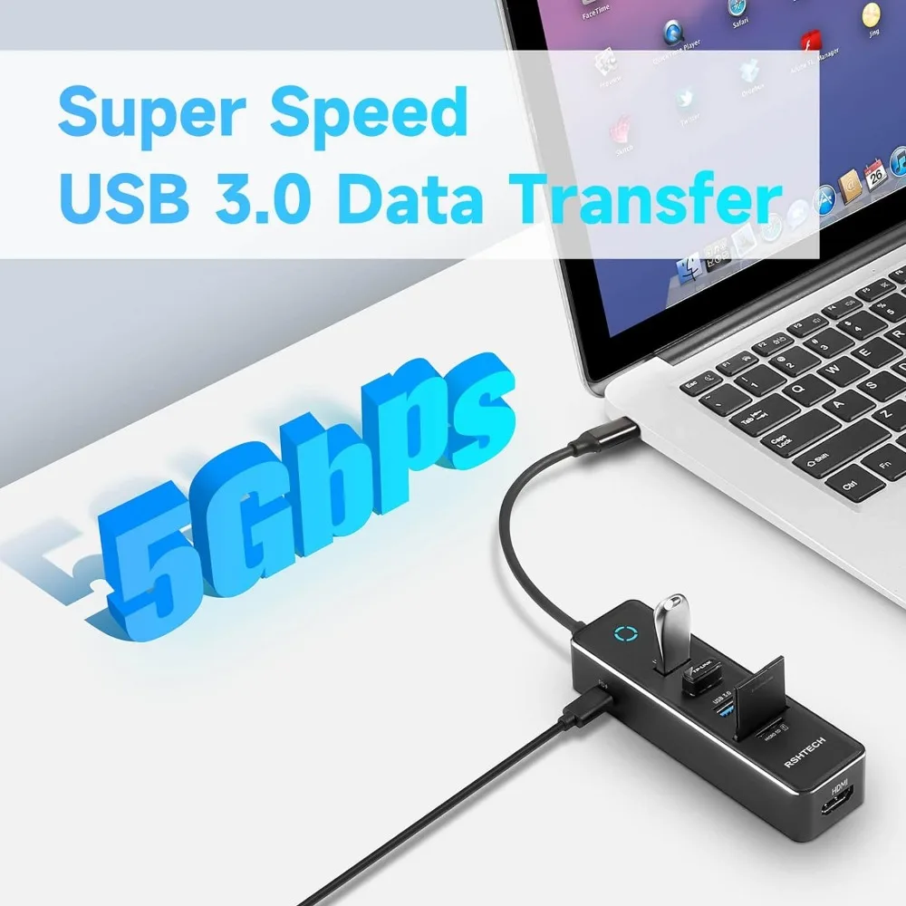 Rshtech usb c hub com 4k hdmi usb3.0 porta de dados 100w entrega de energia leitor de cartão sd/tf thunderbolt 3 hub doca para computador portátil