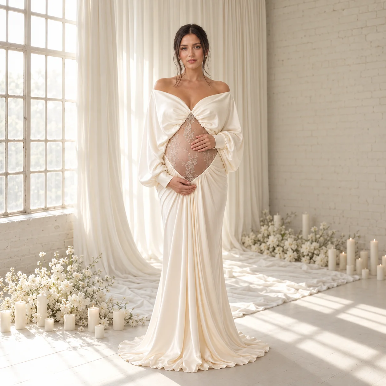 Ivory Maternity Gown for Photoshoot Silk Satin See-Through Lace Belly Pregnant Photography Dress HY269006