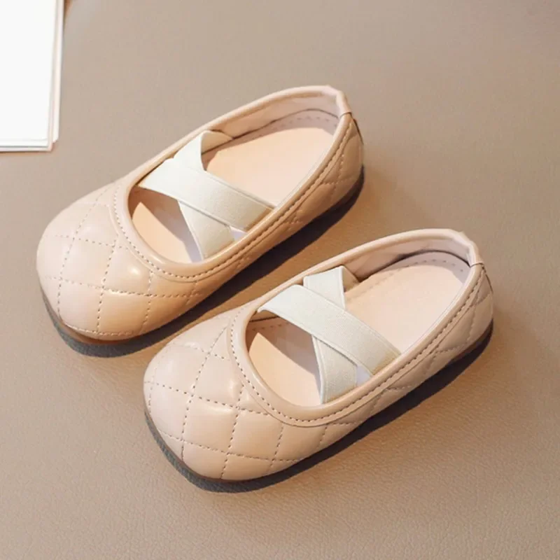 Girls Wedding Shoes Rhombic Grid Boat Shoes Square Toe Elastic Band Leather Shoes Children's Slip on Kids Flats Toddlers