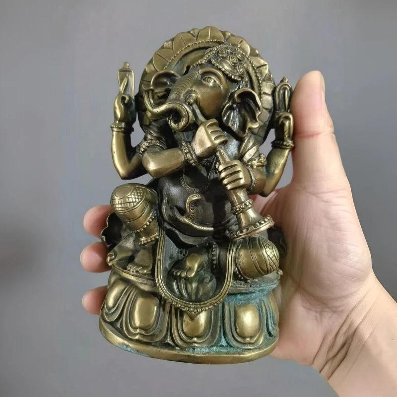Antique Brass Ganesha Statue Hindu God Elephant Head Deity Sculpture Home Decor Feng Shui Ornaments Spiritual Gift Crafts