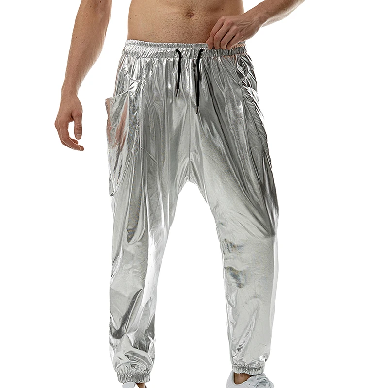 Mens Metallic Shiny Jeans 70s 80s Party Dance Disco Pants Drawstring Waist Sequin Pants Hip Hop Rave Shiny Jogger