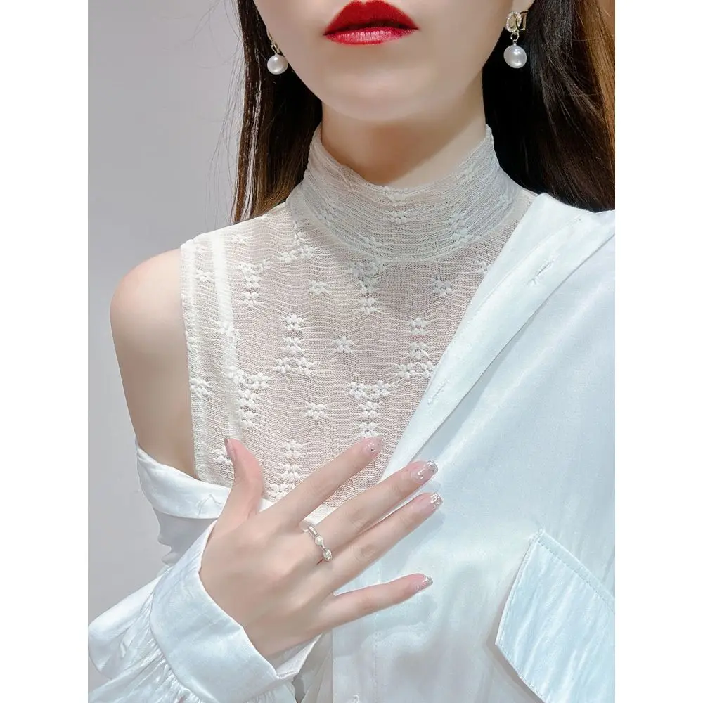

Lace Insert Thin Half High Collar Mesh Base Shirt Women's Top Autumn Winter Versatile Layering Piece