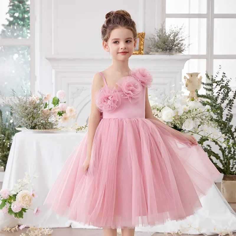 فستان فتاة الزهور الوردي الزهور ربطة القوس فيونكة حفلة عيد ميلاد الأطفال مأدبة فستان أداء الكمان