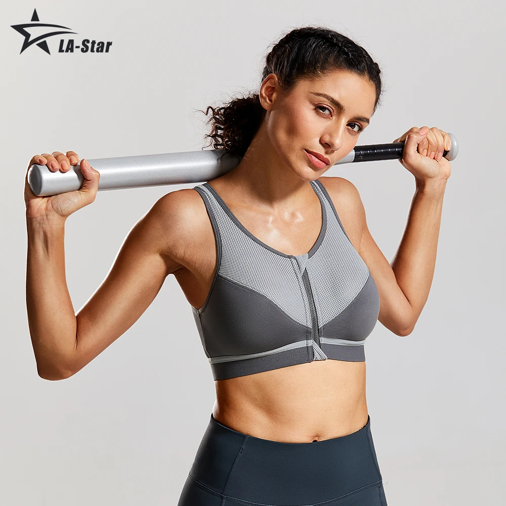 Women's Sports Bra High Impact Wireless Cross Back Support Front Zip