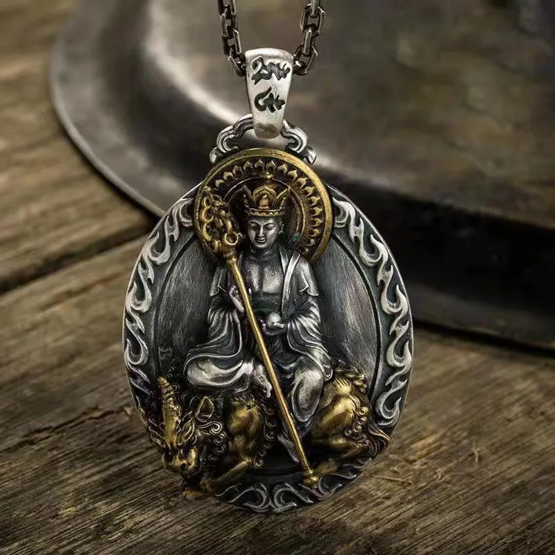 

Vintage Thai Silver Ksitigarbha King Pu Xian Manjusri Bodhisattva Men's Necklace Personality Domineering Buddha Pendant Pendant