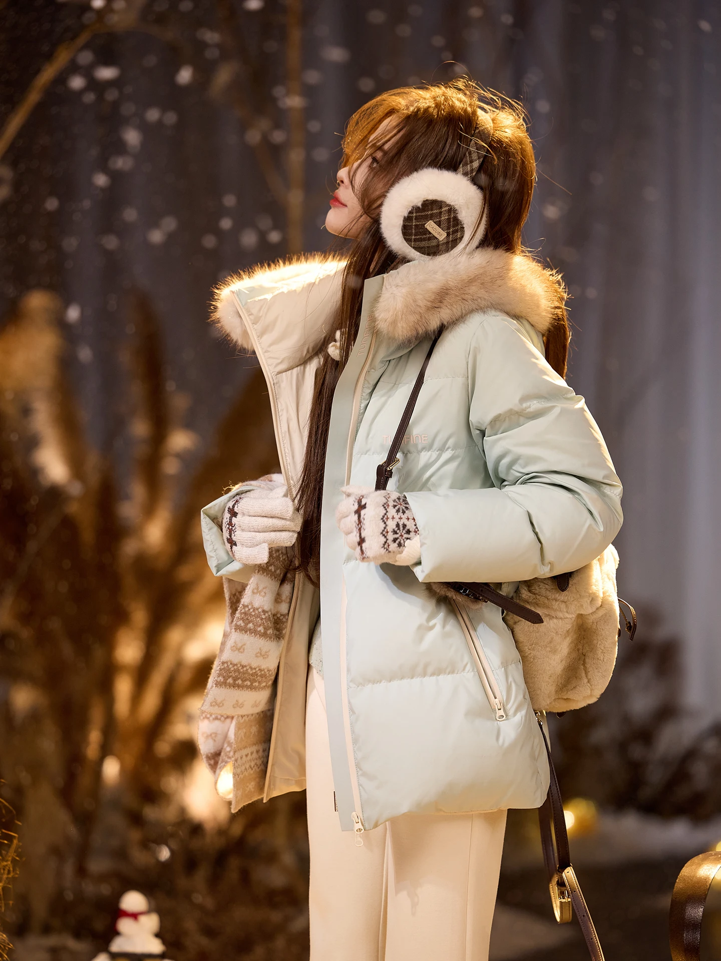 

TUNT Autumn Winter Tee-Proof Fabric 90 White Du down Hooded Jaet Large Fur Collar Women's Casual Sle Loose Fit Coat