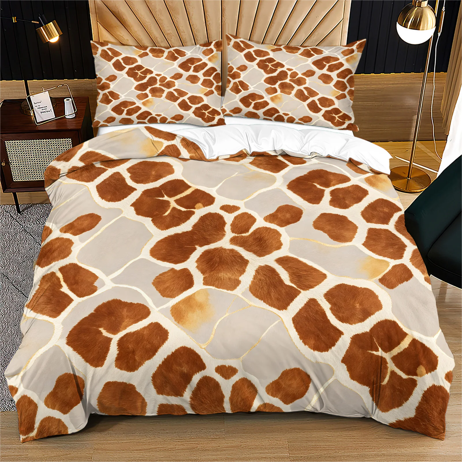 Giraffe Hide Fur Print Duvet Cover Set Golden Line Western Rustic Bedding Soft Microfiber Quilt Cover with Zipper Corner Ties
