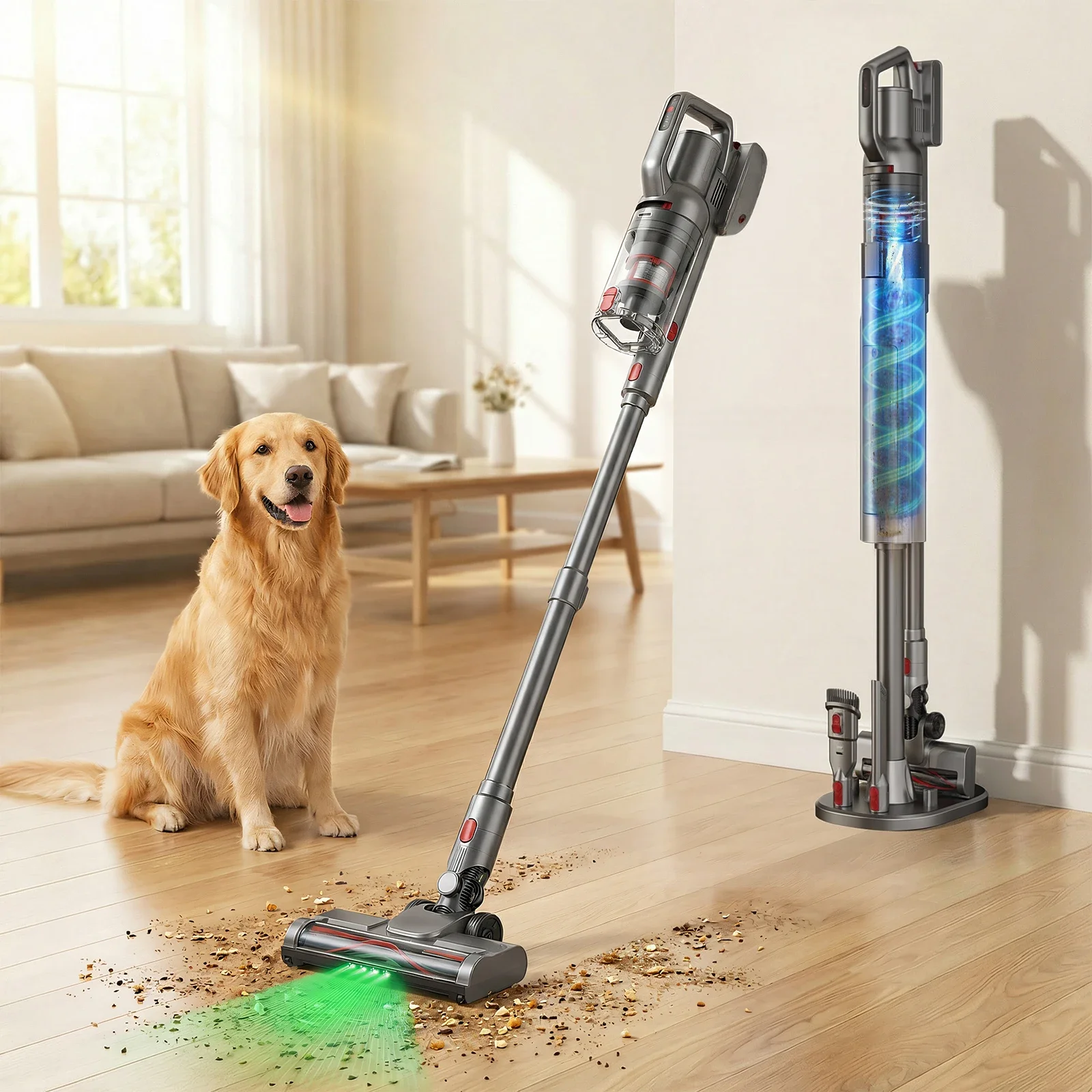 Cordless Vacuum Cleaner Base Station 1.5L Dust Capacity, Auto Dust Collection, Handheld Cleaner for Floor Carpet Pet Hair