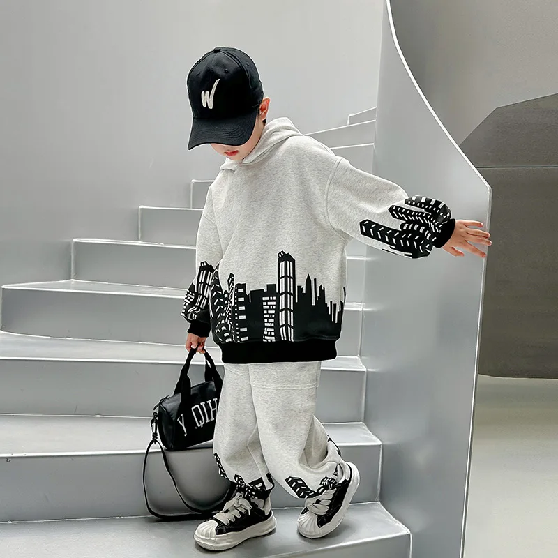 2025 Spring Preteen Boy 2PCS Clothes Set White City Print Hooded Pullover Suit Black Trim Loose Track Pant 4-12Y Kids Boy Outfit