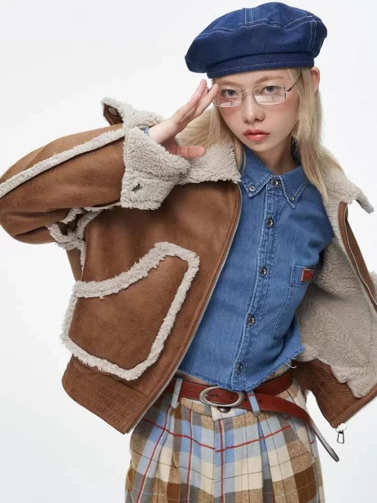 Y2k Aesthetics Lamb Wool Patchwork Pu Jacket Grunge Harajuku Casual Loose Pocket Winter Coat Streetwear Vintage Zipper Coats