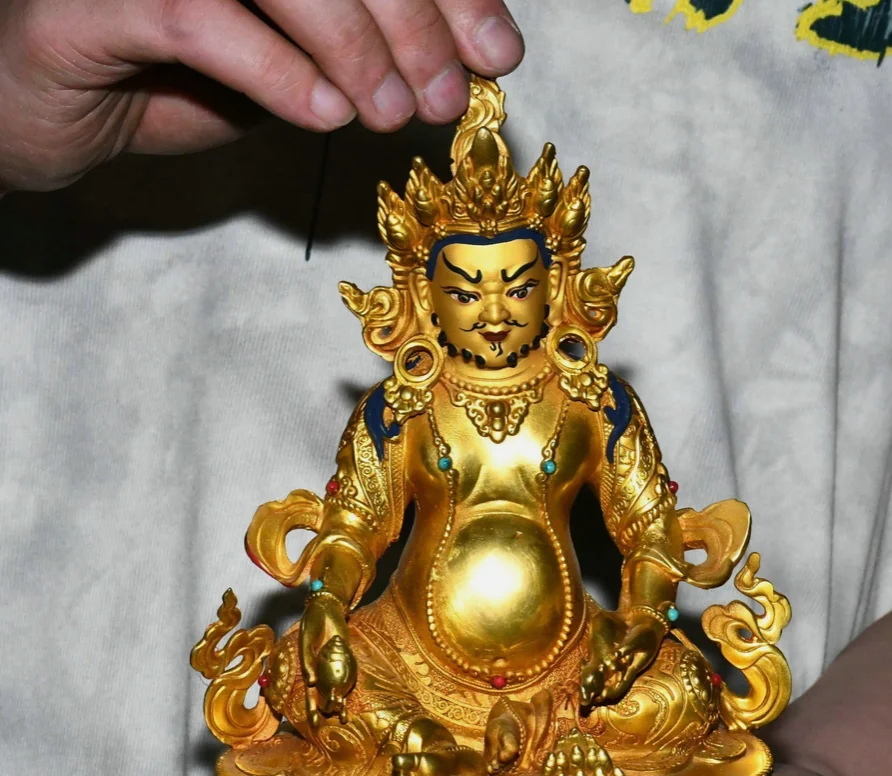 Old Nepal Bronze Gilt Painting Yellow Jambhala Wealth God Mouse Buddha Statue