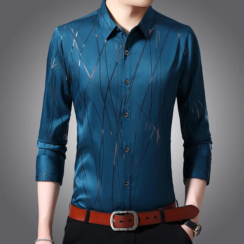 

2022 Spring Autumn Male Shirts Luxury Long Sleeve Gold Stamping Satin Face Business Casual Mens Dress Shirts Slim Man Shirts