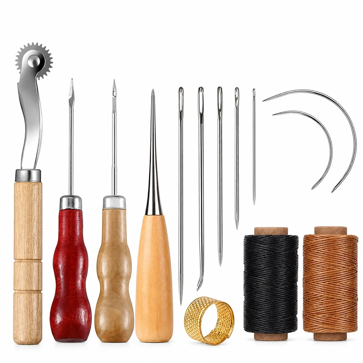 14PCS Leather Sewing Kit Waxed Thread Wood Handle Awl Needles for DIY Leather Craft Repair Stitching