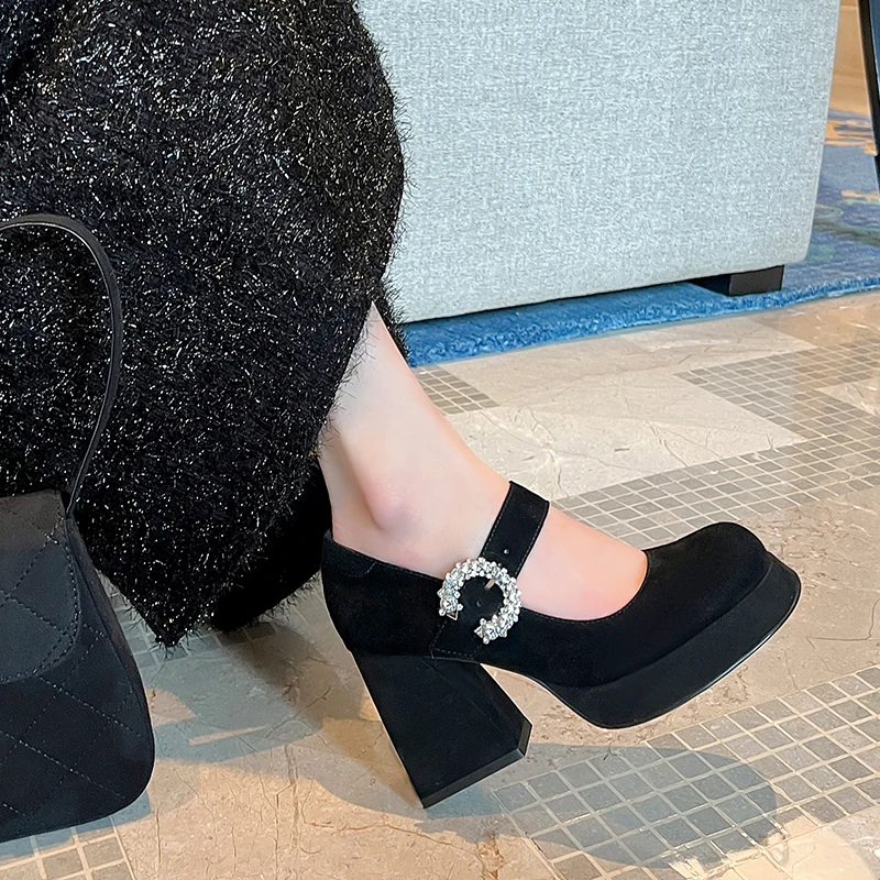 Ladies Pumps Sheepsuede Women Retro Mary Jane French Style One Straps Shoes Spring Atumn Dress Pumps Simple Shoes Block Heels