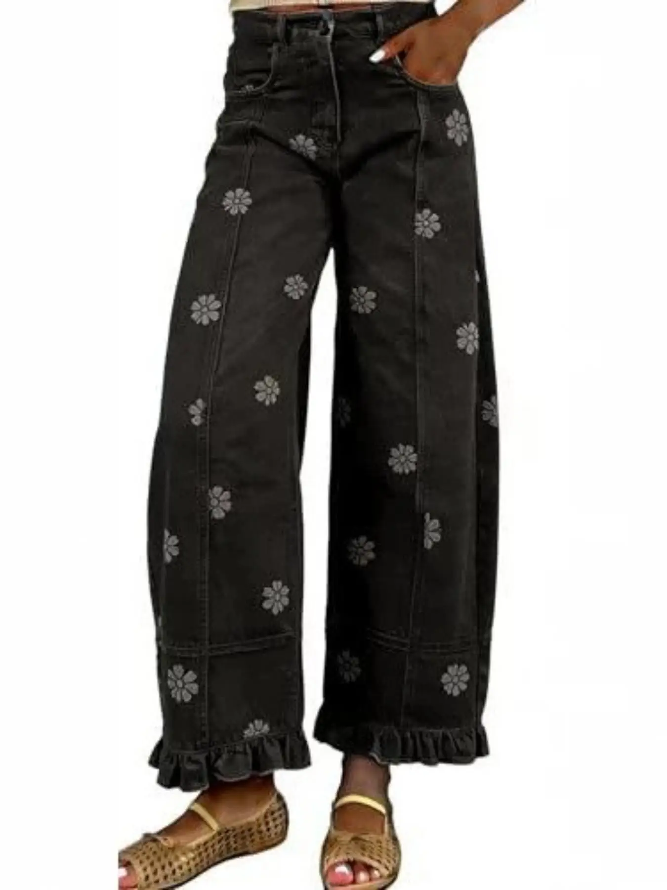 Vintage Jeans mit Gänseblümchenmuster für Damen, hohe Taille, floraler Saum, locker geschnittene, abgenutzte, lässige lange Hose, Retro-Unifarben-Design. – Detail 2