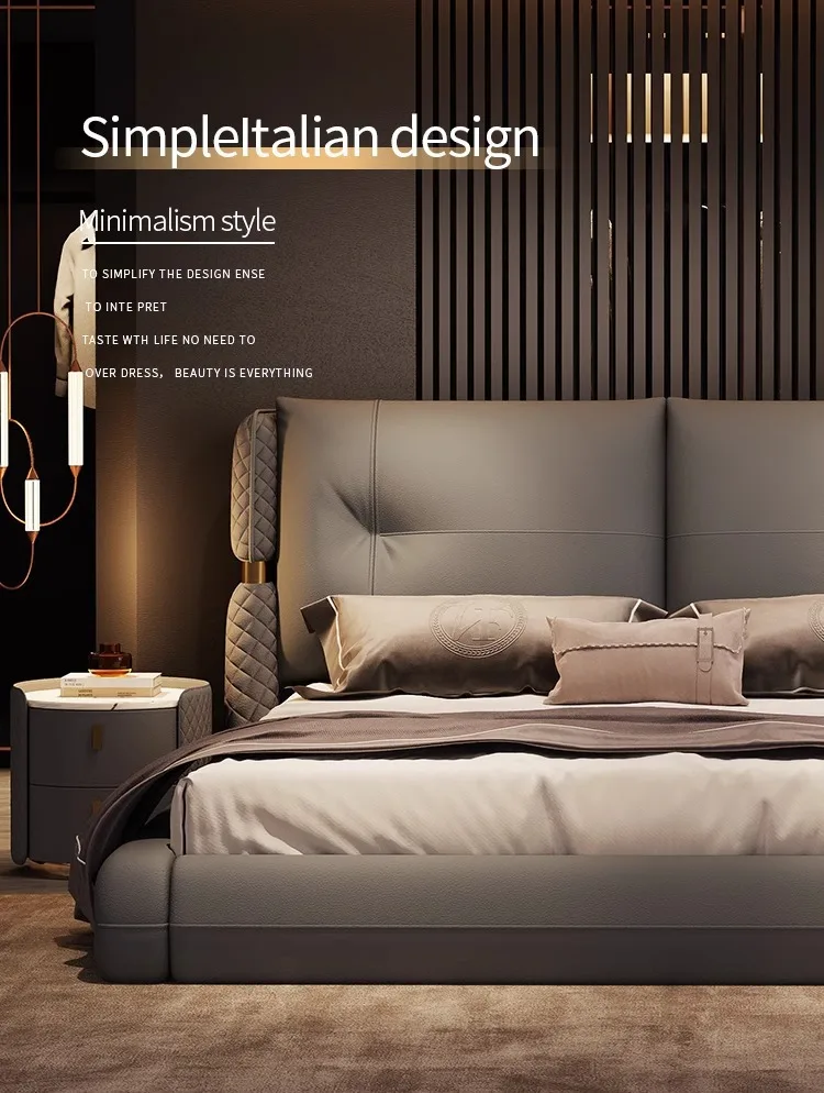 سرير جلدي إيطالي فاخر خفيف وحديث وبسيط وسرير مزدوج مصمم بأجواء راقية وأرضية حقيبة ناعمة لغرفة النوم الرئيسية #6