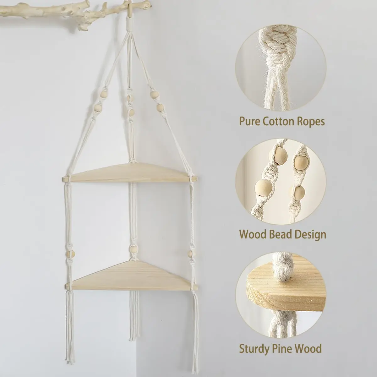 Makramee-Wandregal zum Aufhängen, schwebendes Wandregal, Boho-Heimdekoration, Regale, Wand, Holzdekoration für Schlafzimmer, Wohnzimmer, Kinderzimmer, Geschenk – Detail 14