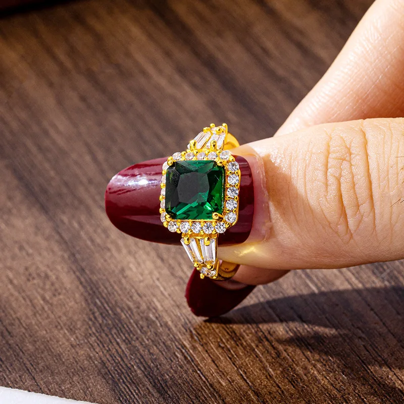 

Luxury 24K 9999 Pure Gold real gold Women's Green White Diamond-encrusted Square Finger Ring