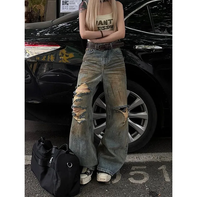 

Синие женские джинсы с высокой талией, винтажные летние джинсовые брюки Y2K 2000-х годов, рваная уличная одежда, американские широкие мешковатые джинсовые брюки