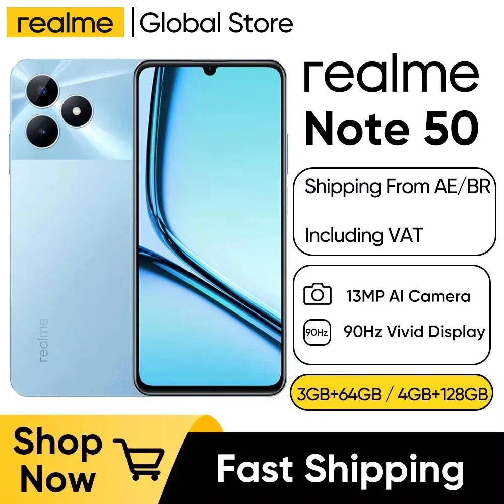 هاتف محمول Realme Note 50 بشاشة 6.74 بوصة 90 هرتز شاشة واقعية 13 ميجابكسل AI كاميرا معالج ثماني النواة بطارية كبيرة 5000 مللي أمبير في الساعة