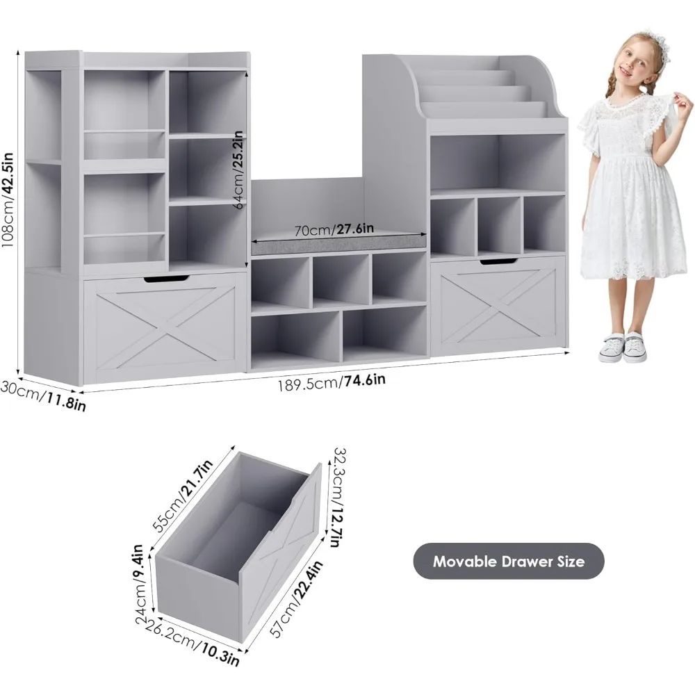 Grande organizador de armazenamento de brinquedos com ângulo de leitura e almofada de assento para crianças, estante de 75 polegadas de largura com 2 gavetas móveis