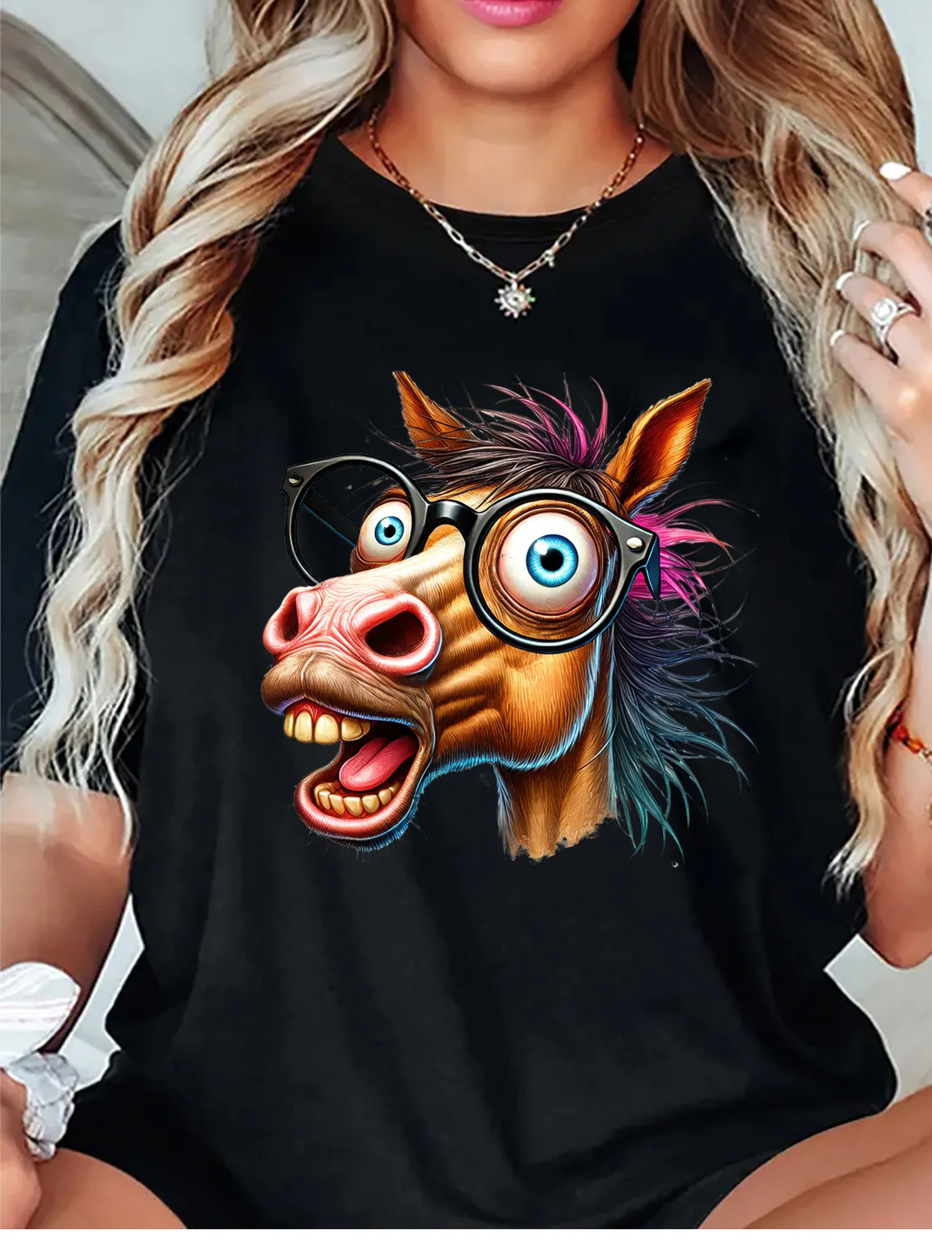 Funny Crazy Cartoon Horse Head With Big Glasses Art Graphic Womens T Shirt Short Sleeve Crew Neck Daily Casual Ladies Tee Tops