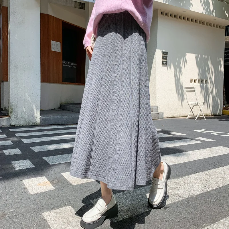 

Fish Scale Pattern High Waist A Line Flared Knit Skirt Midi Length Pleated Skirt For Winter