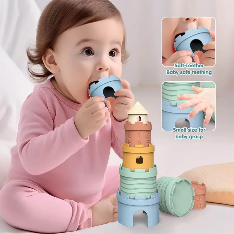 5Pcs/SET Silicone Stacking Cups Teething Toys for Babies,Castle Learning Tower for Infants Toddlers Soft Bath Toy 1-3 Years gift