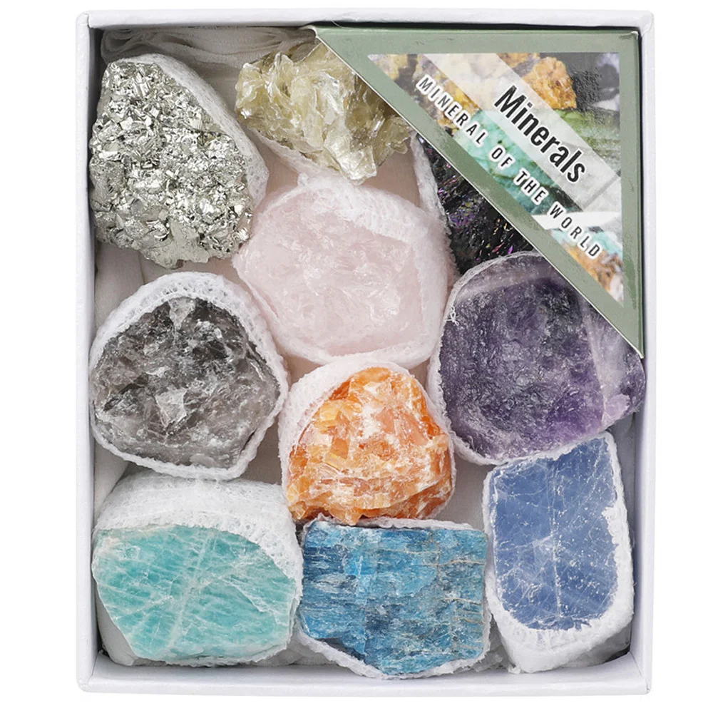 Natural Raw Stone Healing Crystal Minerals Box Kit Amethyst Pyrite Celestine Specimen Collection Geological Teaching Home Decor