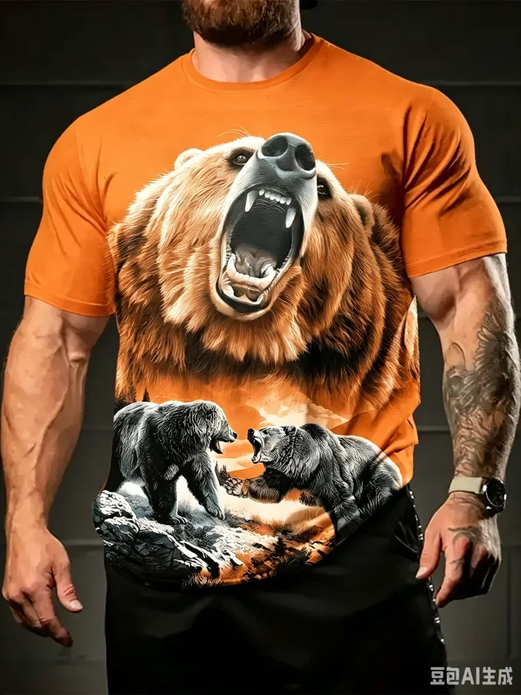 Roaring Polar Bear Scene Print Men's T-shirt Wildlife Animal Graphic T Shirt Summer Casual Crew Neck Tee Trend Street Man Tops