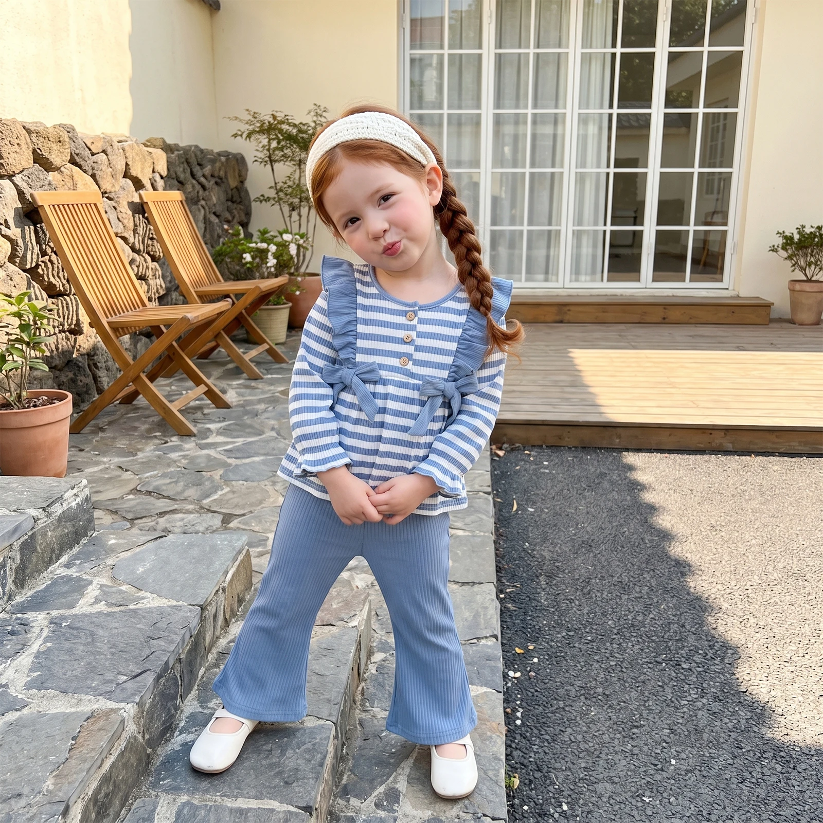 2027 Early Autumn Toddler Baby Girls Fall Outfits Fashion Stripe Long Sleeve Ruffled Tops + Solid Flare Pants Children's Sets