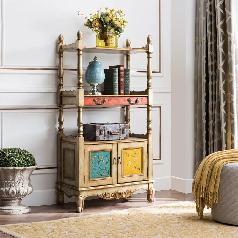 

Книжная полка из массива дерева, полка для сумок, многоярусная напольная полка в стиле ретро с покрытием цвета шампань.