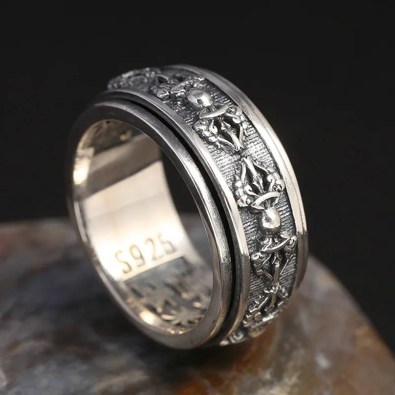 

S925 sterling silver Thai silver worn-out ring with six words of truth, diamond pestle, rotating ring, fortune turning men's sty