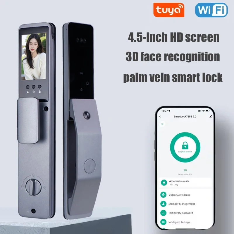 Fingerprint and Card Access Lock - Smart Door Lock with Palm Vein Recognition and 3D Facial Recognition, Suitable for Home, Office, or Smart Property ManaSynthetic Gemstoneent, Secure and Easy to Install