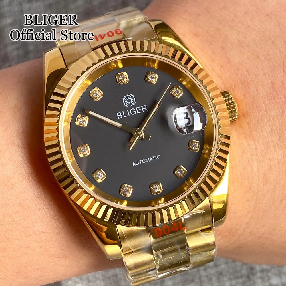 BLIGER 36mm 39mm NH35A Black Dial Diamond Index Automatic Mens Watch Sapphire Glass Rose Gold Fluted Bezel Steel Bracelet