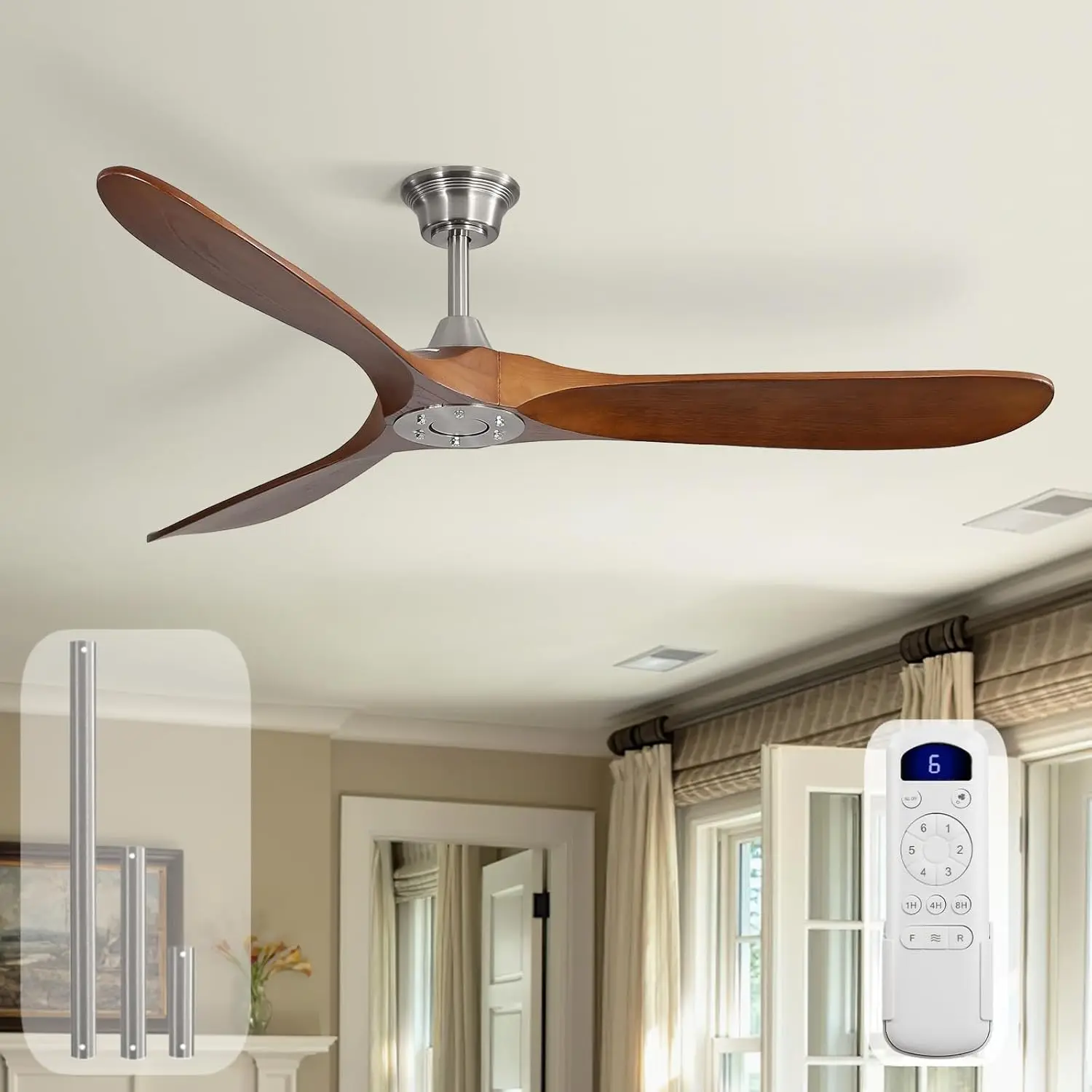 

60-Inch Ceiling Fan with Remote, Brushed Nickel and Light Walnut Finish, 3 Wood Blades, Reversible DC Motor, Timer Function