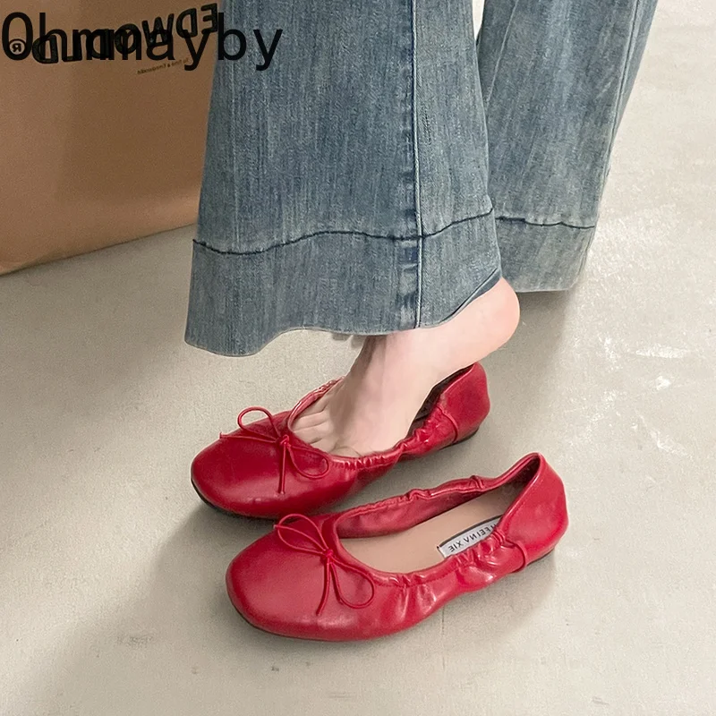 Autumn Women Ruffled Bow Ballet Flats Square Toe Soft Leather Slip On Shoes Multicolor Casual Daily Walking Ladies Dress Loafers