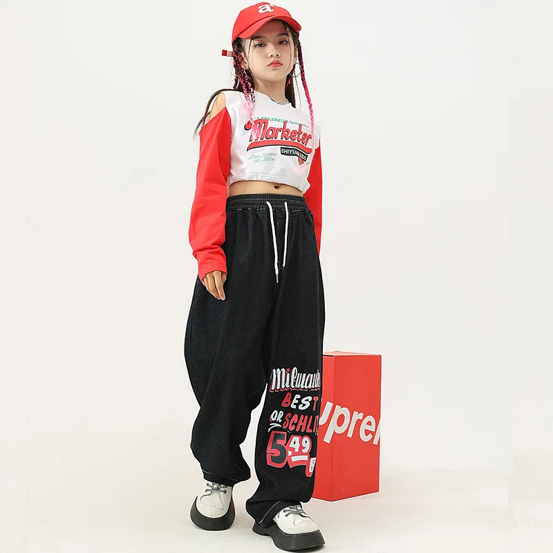 New Girls Hip Hop Dance Costumes Patchwork Off-the-shoulder Top Letter Print Jeans Kid Jazz Dance Performance Stage Rave Clothes